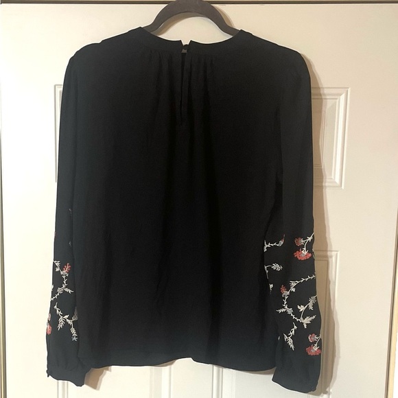 Loft Flowy Boho Embroidered Floral Long Sleeve Black Blouse Size Small Career - Picture 3 of 7